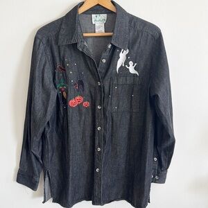 Quacker Factory Halloween Ghost Top Embroidered Pumpkin Cat Button Up Gray Shirt